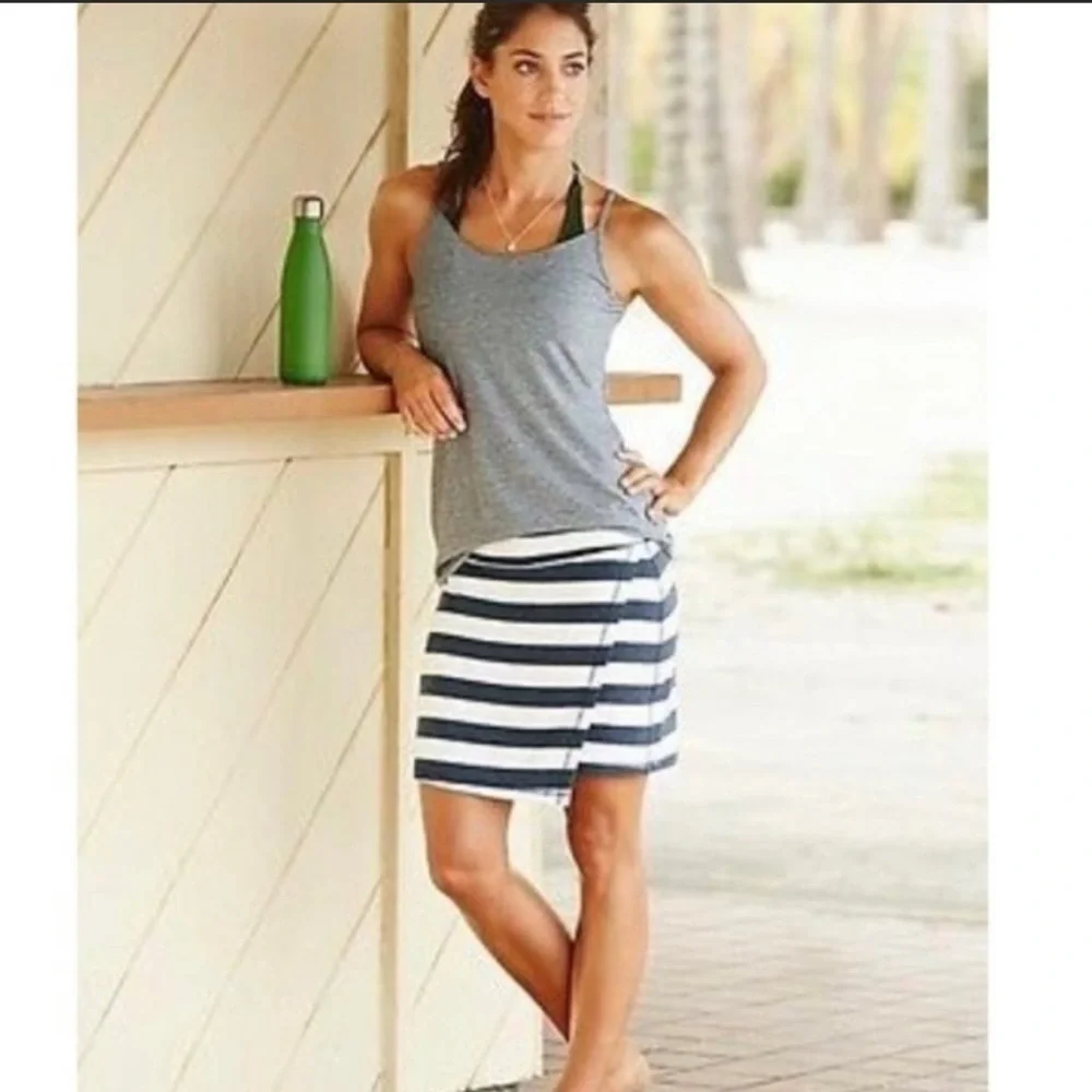Athleta Ribbon Stripped Navy Blue White Jersey Mini Skirt Size XXS